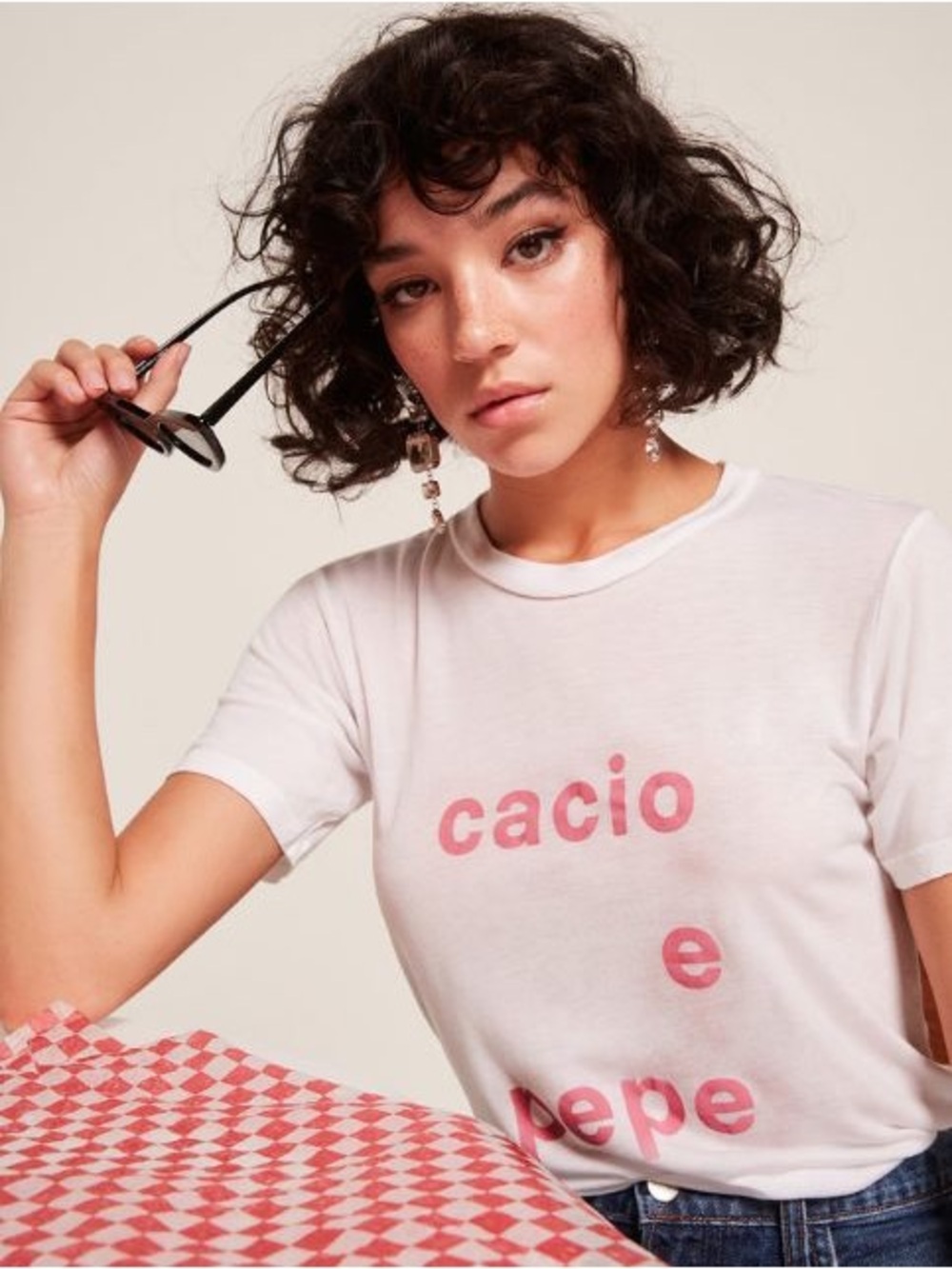 Reformation Joplin White and Pink Graphic Relaxed Tee in Cacio e Pepe Size Small